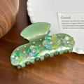 Grüne Haarklammer aus Acetat mit Marmormuster und kristallbesetzten Blumendetails - 8.6cm / Grün
