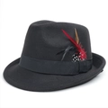 Dettaglio cappello fedora in feltro di lana nero con piuma colorata e nastro in canneté - M (56-58cm) / Nero