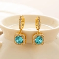 Golden square drop earrings with round blue zircon center and sparkling pave setting - Blue - Gold