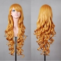 Detailed views showing the front and back textures of an 80cm long wavy golden cosplay wig - Yellow