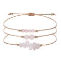 Juego de tres pulseras de cuentas de cuarzo rosa con cordón trenzado marrón ajustable - Cuarzo rosa