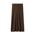 Elegant dark brown satin midi skirt with a silky glossy finish and straight cut design - XS / Dark Brown