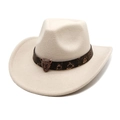 Detail of a beige cowboy felt hat featuring a leopard print band and bronze leopard head buckle - M (56-58cm) / Beige