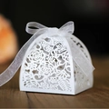 Laser cut white floral candy box with ribbon for wedding or Valentine's Day party - White