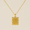 Gold hollow rectangular necklace pendant with embossed letter N and sunburst texture - Letter N