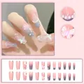 Pink to blue gradient press-on nails with 3D butterflies, pearls, and silver glitter D838 - Pink and Blue Gradient Butterfly Pearl Rhinestone Style (D838) / 24 Pieces (With Glue)