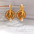 Bohemian style gold earrings with green and orange enamel and a white pearl drop - T2351 Style / Bohemian Pearl