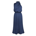 Elegant navy blue satin sleeveless maxi dress with high neck and draped silhouette - S / Navy Blue
