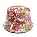 Detail of vibrant floral and palm leaf print on a reversible sun bucket hat fabric - Pink Red Floral Palm Leaf Print (Style C)