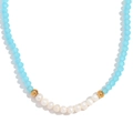 Beaded necklace with light blue frosted beads, white freshwater pearls and gold metal spheres - Light Blue Jade Material