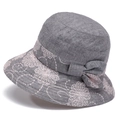 Detailed close-up of grey sun hat featuring floral embroidery and a pink ribbon bow - M / Light Purple