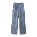 Women's light blue wide-leg satin trousers with high waist and floral bead embroidery - Royal Blue Pants