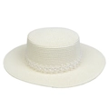 Flat top cream straw sun hat with elegant pearl and lace trim for summer beach style - Pearl Lace Decor Band Style (302J)
