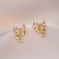 Golden bow stud earrings with pink heart zircon and hanging star charms - Pink Heart Bowknot Style (E0787)