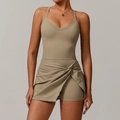 Khaki backless tennis dress with V-neck cross-strap design and gathered mini skirt - S / Dark Khaki