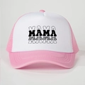 Detail showing pink and white mesh trucker hat with four styles of MAMA letter prints - One Size / White/Pink