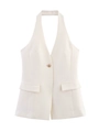 Dettaglio del top a lupetto crema con scollo a V profondo e bottone dorato stile vintage - Taglia S / Bianco