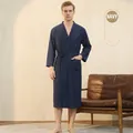 Men's navy blue waffle knit bathrobe with long sleeves and adjustable waist tie - Men-Navy Blue