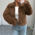 Elegant brown faux fur short jacket with zipper closure for 2025 autumn winter - S / Brown