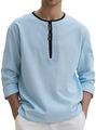 Men's light blue henley shirt in cotton linen with black contrast placket and wood buttons - Light Blue