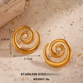 Gold stainless steel spiral shell earrings with clear zircon on sandy stone background - Spiral Rhinestone Style (1533)