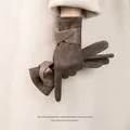 Women's warm suede winter gloves in dark coffee color with decorative wrist strap - Dark Coffee