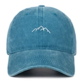 Detailed close-up of white mountain embroidery on washed blue cotton baseball cap - One Size(Adjustable) / Lake Blue