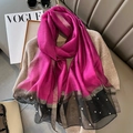 Detail of rose purple silk scarf with gold shimmer, black mesh trim and pearl accents - Rose Red