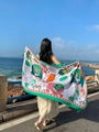 White boho beach shawl with elephant prints and green tassels for summer vacation - Green Edge Colorful Elephant (Elephant-3)