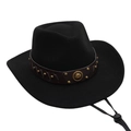 Detail of black felt cowboy hat featuring leather band with metallic studs and buckle - One Size / Black