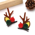 Christmas reindeer antler hair clips with brown flocking, felt ears and colorful plush balls - Red and Green Fur Ball Style / One Pair / Brown