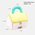Yellow and white house-shaped travel toiletry bag with mint green handle and dimensions - Yellow House Organizer