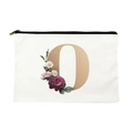 White canvas makeup bag featuring golden letter O with pink and red floral patterns - Letter O