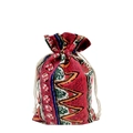 Ethnic style drawstring pouch in vibrant red cotton fabric with geometric woven patterns - 10*14cm / Red Ethnic Style