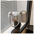 Close-up of silver crocodile pattern handbag with elegant gold U-shaped metal buckle - Silver