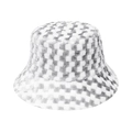 Plush checkered bucket hat for winter featuring a grey and white plaid fuzzy texture - Gray
