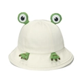 Cute off-white cotton frog bucket hat with 3D green eyes and paw embroidery details - 58cm / White