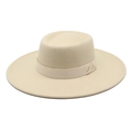 Detail of beige wool felt flat top hat with wide brim and matching satin ribbon band - M (56-58cm) / Beige