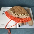 Handmade crochet straw sun hat in colorful patchwork design with windproof tie-up strap - M / Colorful Hollow-out Bucket Hat-Khaki