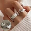 Adjustable silver finish rings featuring heart shape and textured spiral wave design - Heart/Threaded Wave