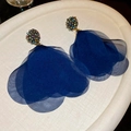 Detail of blue mesh flower earrings with crystal center and golden base for women - Dark Blue Multi-layer Mesh Petal Beaded Ball Stud Earrings (25# Silver Needle-Blue)