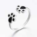Minimalist silver open ring with black cat paw print design and matte finish - Adjustable Open / Style 5-Silver Matte Black Paw Prints