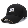 Black canvas baseball cap with white M letter embroidery and beige contrast brim trim - Black With White Embroidery