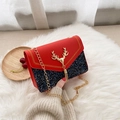 Red and navy blue sequin crossbody bag with gold deer charm and chain strap - Red