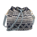 Ethno-Stil gewebte Beuteltasche mit blauen Mustern und Kordelzug aus Leder für Damen - Blau Beige Geometrisches Muster