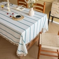 Rectangular white linen tablecloth with blue heart stripes and cream cotton tassels - Green and White Striped