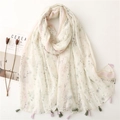 Floral print cotton-linen scarf with elegant tassels and vintage botanical pattern - Sl2112-016 / 180*85