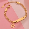 Detail of gold stainless steel NK chain bracelet with engravable bar and star charm - Gold Five-pointed Star