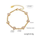 Detail showing gold heart zircon bracelet dimensions and stainless steel material - Heart Shape Style (E580) / Gold