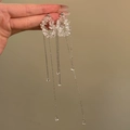 Macro detail of long silver fringe earrings with clear irregular crystal ring pendant - Silver Earring Post-White